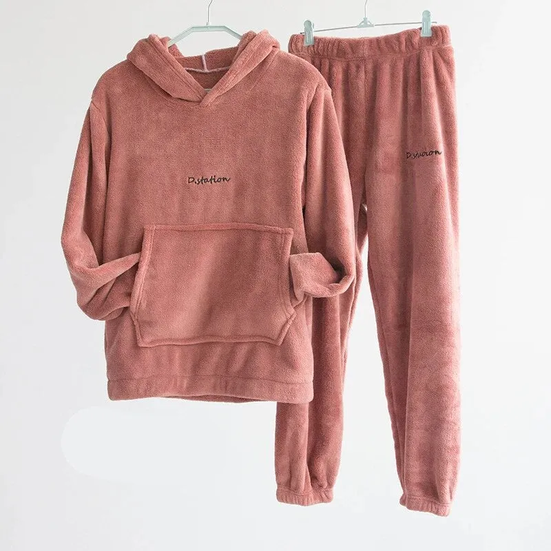 Trendy Unisex Fleece Tracksuit – Solid Color Hoodie & Sweatpants Set, Autumn/Winter Sports Jogging Outfit