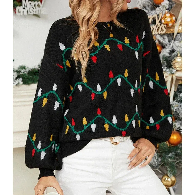 Wenkouban-Christmas Thanksgiving outfits_Casual Streetwear Jacquard Sweet Christmas Party Knitted Loose Christmas Sweater