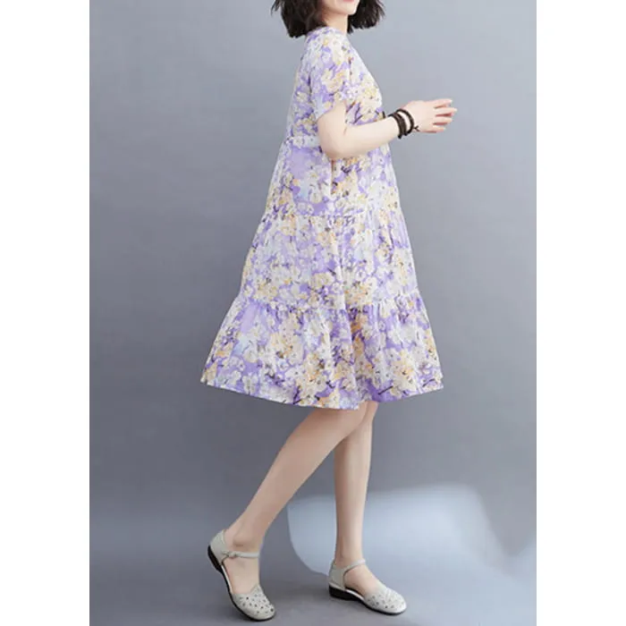 Women Light Purple Patchwork Print Mid Dresses Short Sleeveomen Light Purple Patchwork Print Mid Dresses Short Sleeve VB1015