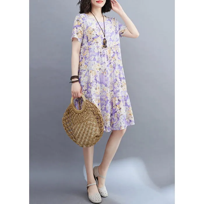 Women Light Purple Patchwork Print Mid Dresses Short Sleeveomen Light Purple Patchwork Print Mid Dresses Short Sleeve VB1015
