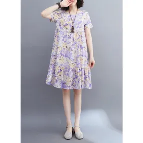 Women Light Purple Patchwork Print Mid Dresses Short Sleeveomen Light Purple Patchwork Print Mid Dresses Short Sleeve VB1015