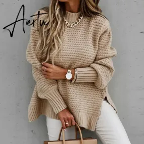 Women Sweaters Autumn Winter Mock Neck Batwing Sleeve Coarse Kint Pullovers Tops Female Casual O-Neck Side Split Long Sweater