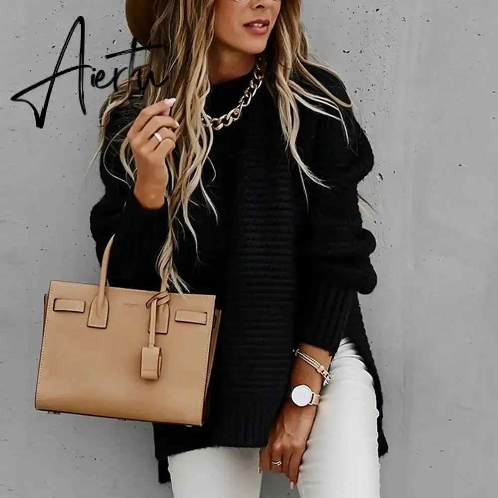 Women Sweaters Autumn Winter Mock Neck Batwing Sleeve Coarse Kint Pullovers Tops Female Casual O-Neck Side Split Long Sweater