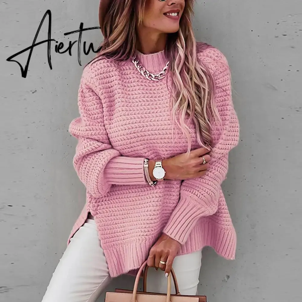 Women Sweaters Autumn Winter Mock Neck Batwing Sleeve Coarse Kint Pullovers Tops Female Casual O-Neck Side Split Long Sweater