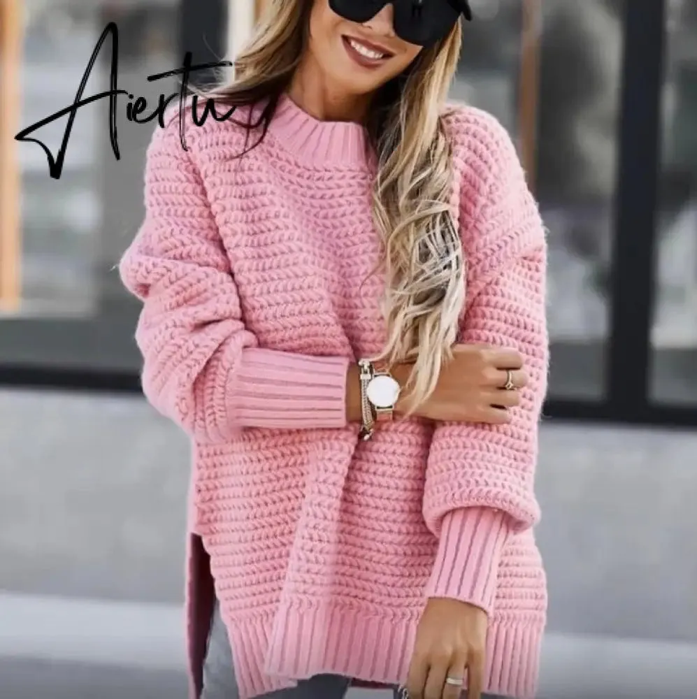 Women Sweaters Autumn Winter Mock Neck Batwing Sleeve Coarse Kint Pullovers Tops Female Casual O-Neck Side Split Long Sweater