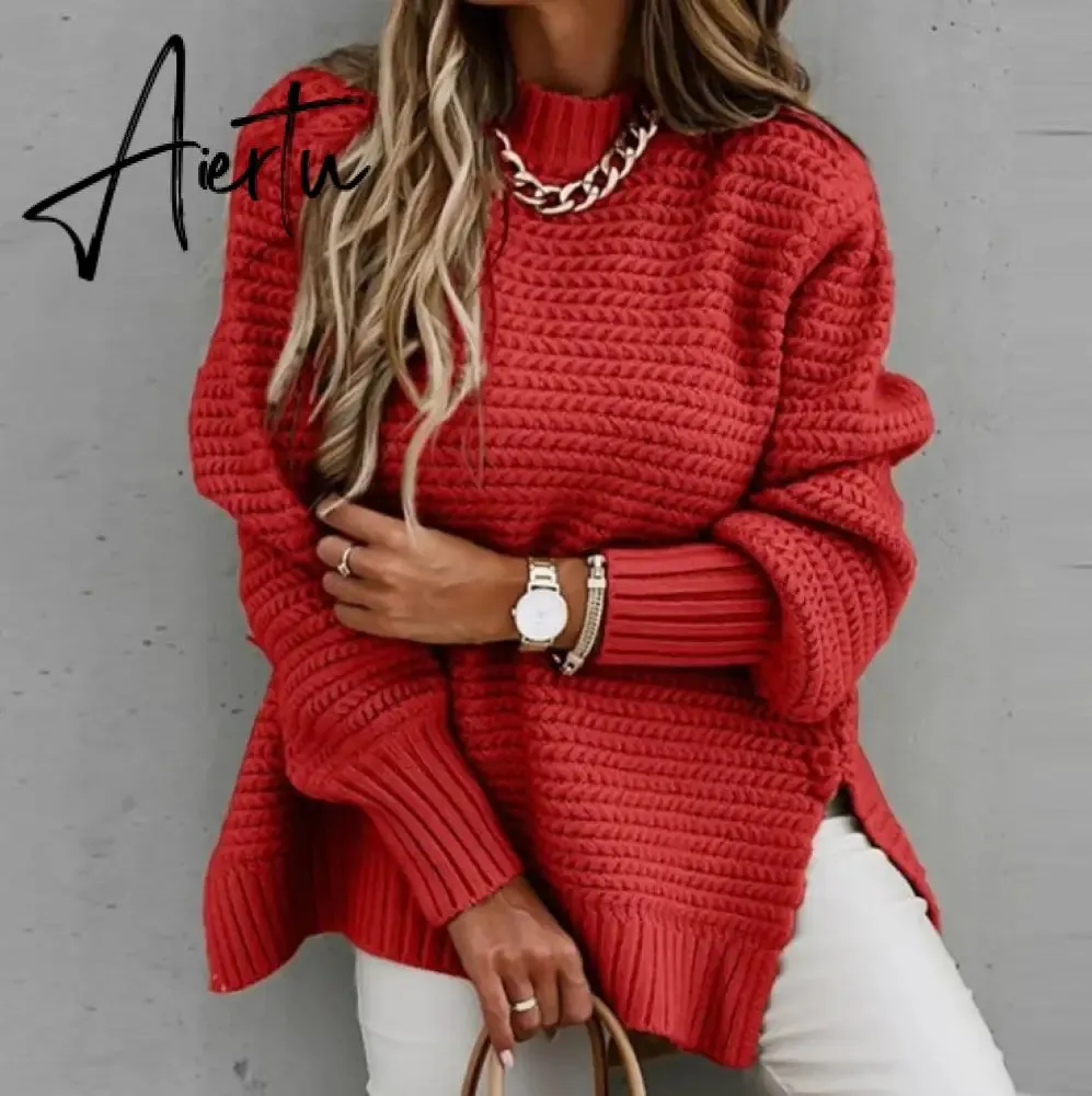 Women Sweaters Autumn Winter Mock Neck Batwing Sleeve Coarse Kint Pullovers Tops Female Casual O-Neck Side Split Long Sweater