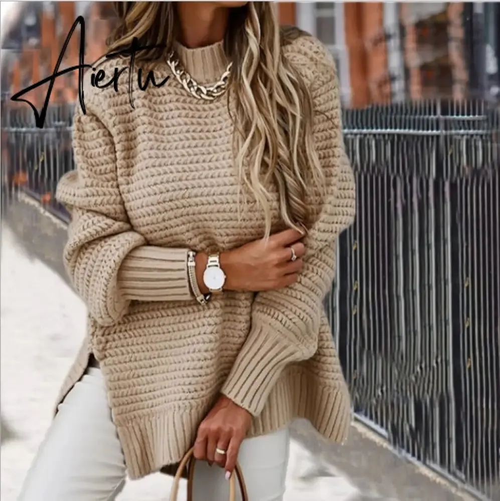 Women Sweaters Autumn Winter Mock Neck Batwing Sleeve Coarse Kint Pullovers Tops Female Casual O-Neck Side Split Long Sweater