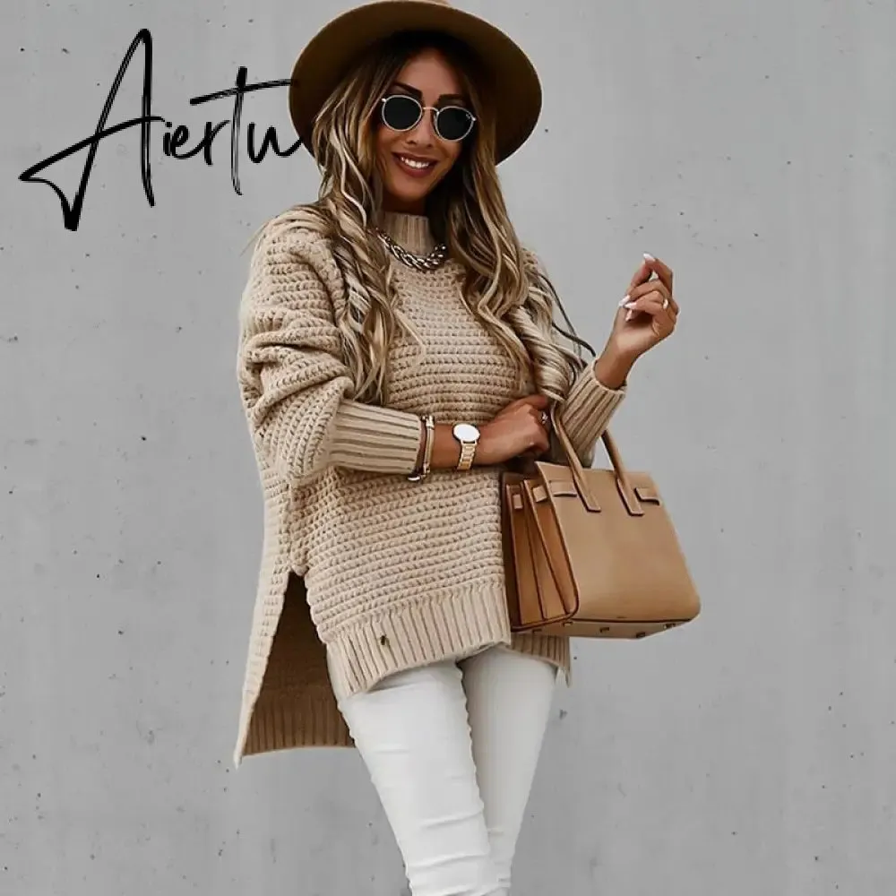 Women Sweaters Autumn Winter Mock Neck Batwing Sleeve Coarse Kint Pullovers Tops Female Casual O-Neck Side Split Long Sweater