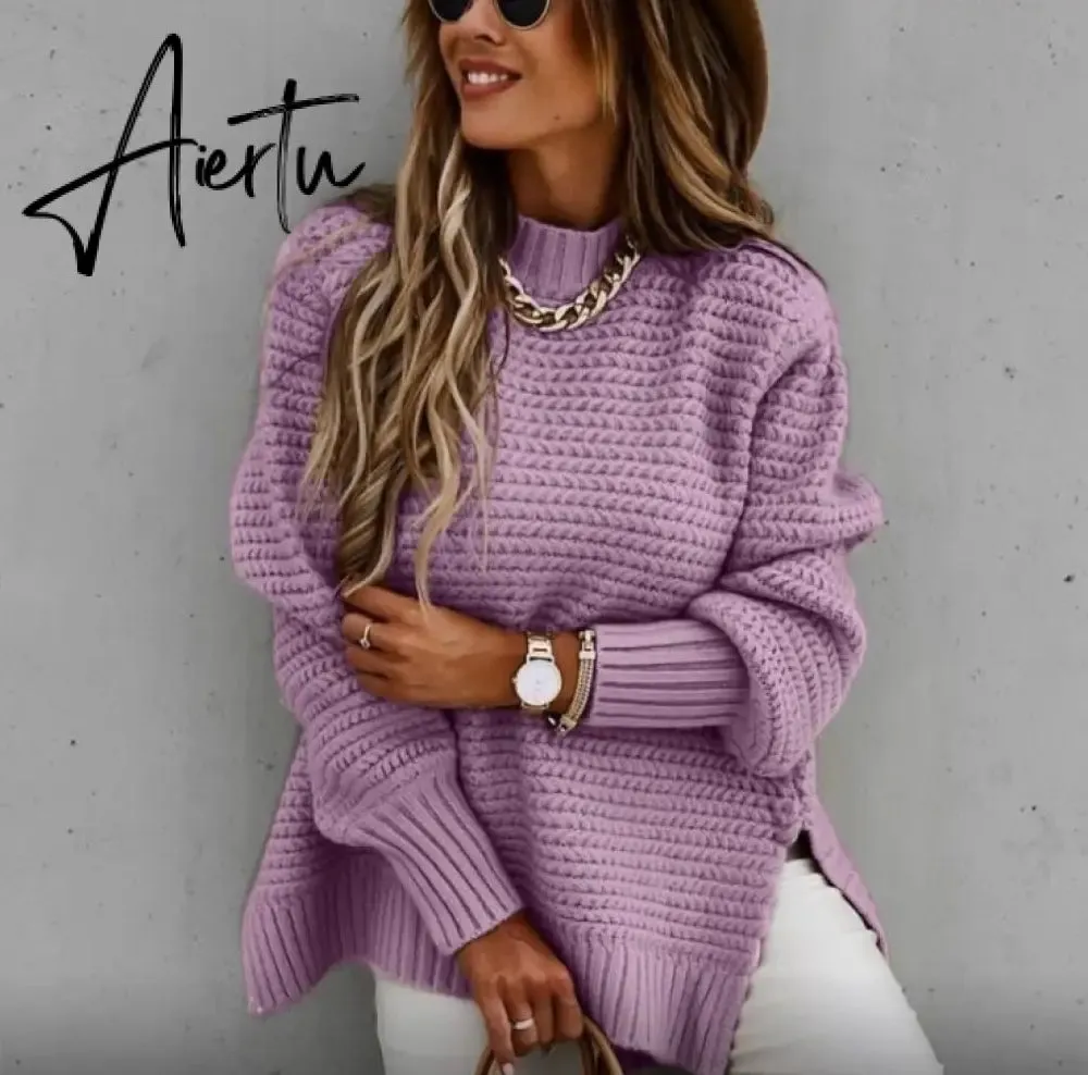 Women Sweaters Autumn Winter Mock Neck Batwing Sleeve Coarse Kint Pullovers Tops Female Casual O-Neck Side Split Long Sweater