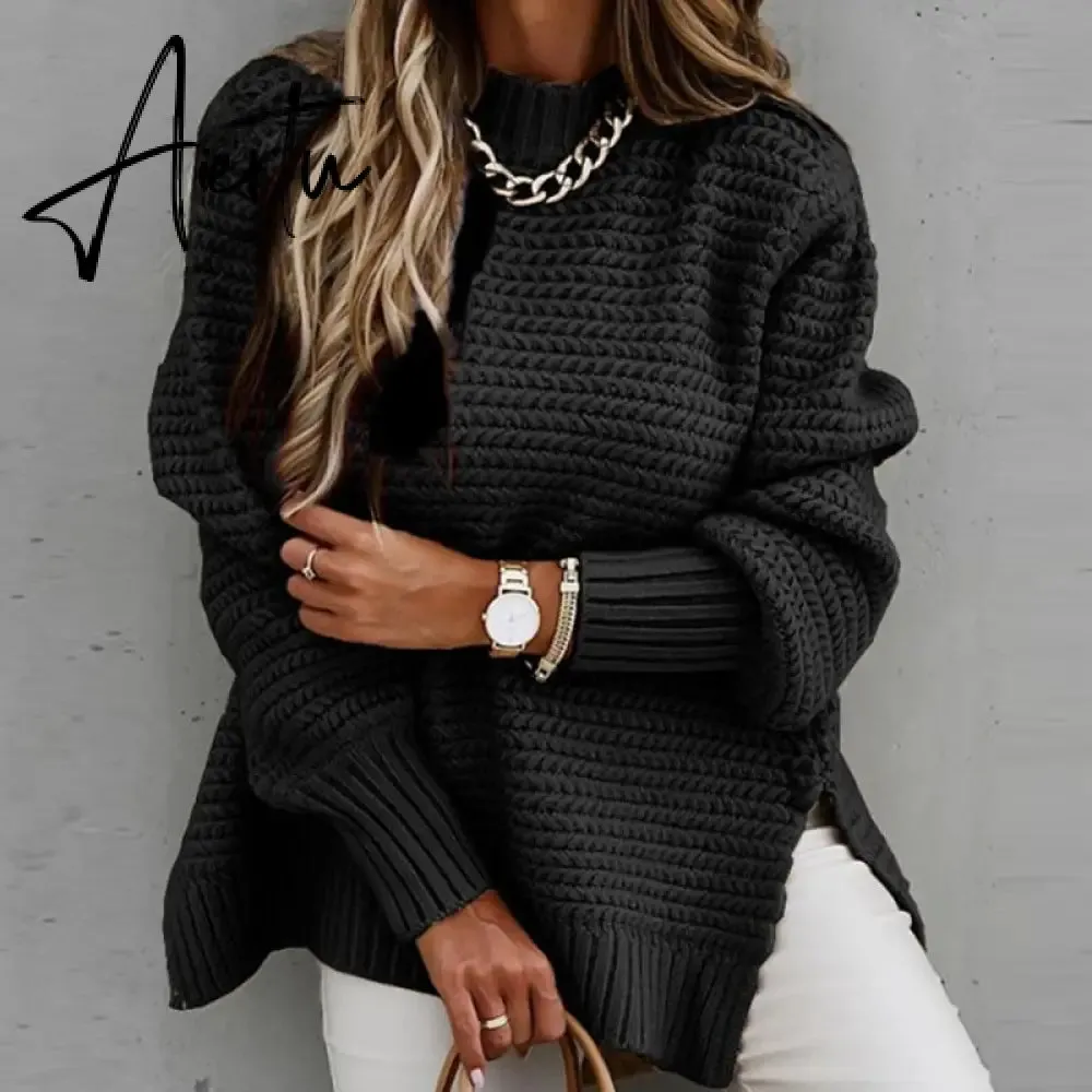Women Sweaters Autumn Winter Mock Neck Batwing Sleeve Coarse Kint Pullovers Tops Female Casual O-Neck Side Split Long Sweater