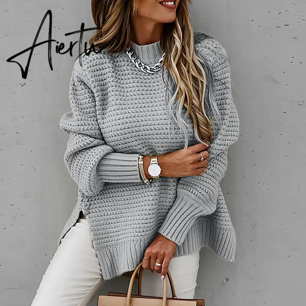 Women Sweaters Autumn Winter Mock Neck Batwing Sleeve Coarse Kint Pullovers Tops Female Casual O-Neck Side Split Long Sweater