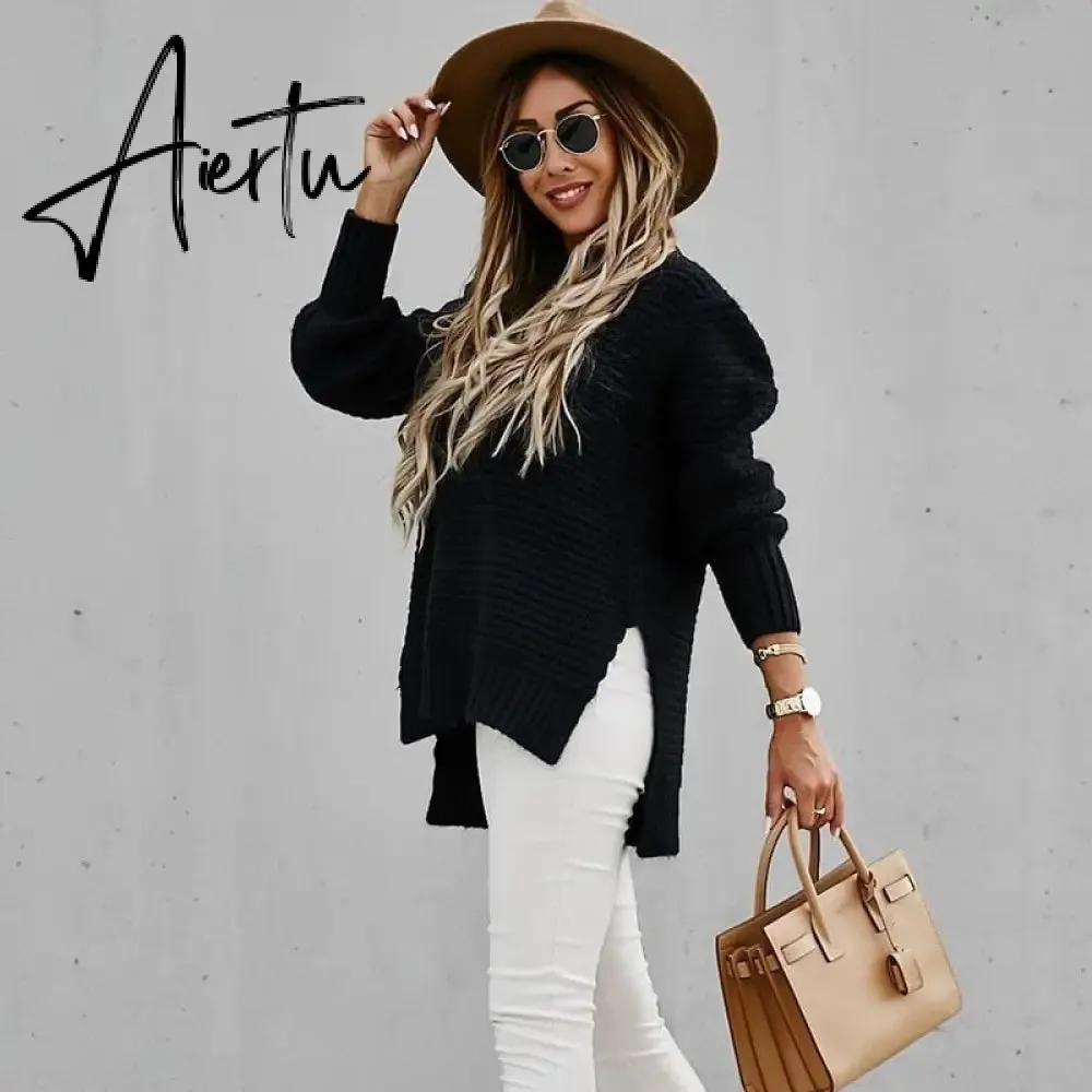 Women Sweaters Autumn Winter Mock Neck Batwing Sleeve Coarse Kint Pullovers Tops Female Casual O-Neck Side Split Long Sweater