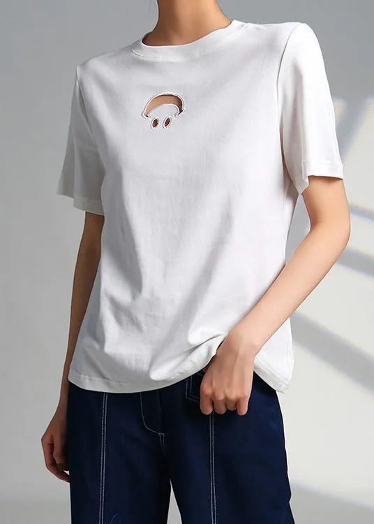 Women White O Neck Hollow Out Cotton T Shirts Summer AS1097