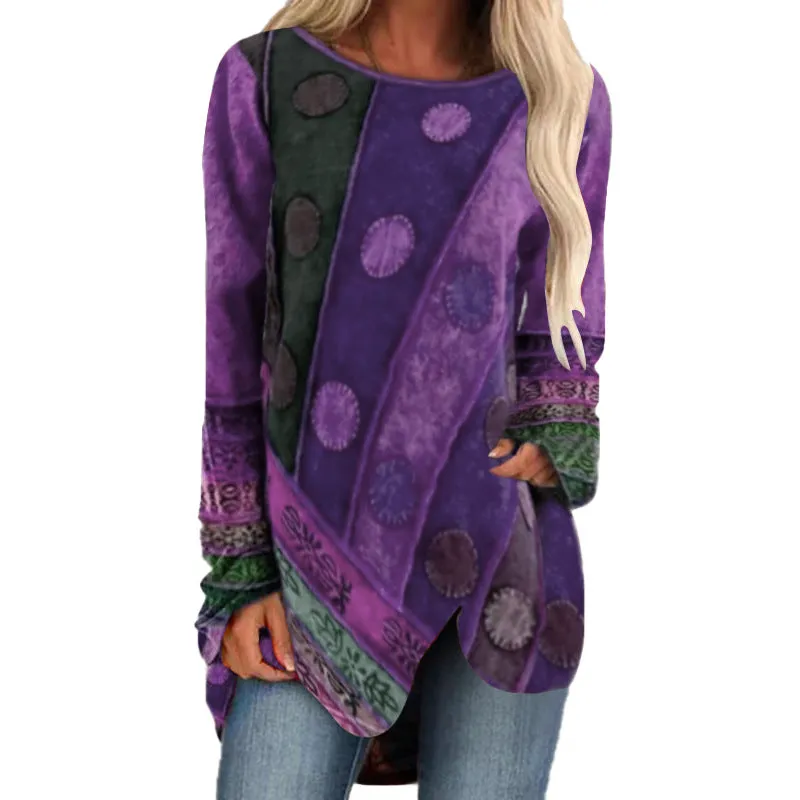 Women's Printing Autumn Retro Top Irregular Loose Long-sleeve T-shirt