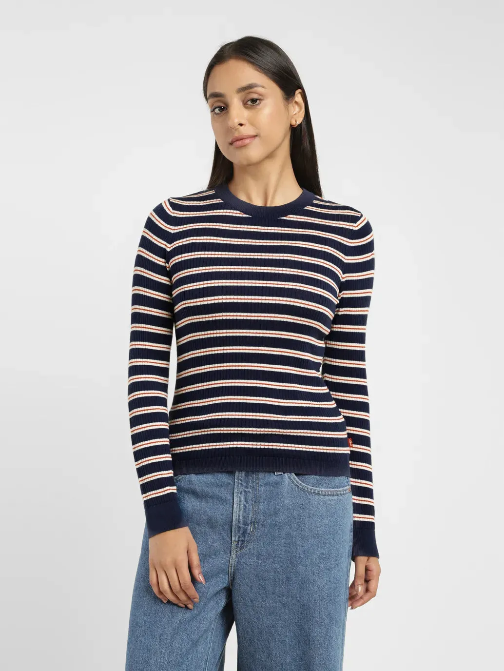 Women's Striped Navy Crew Neck Sweater