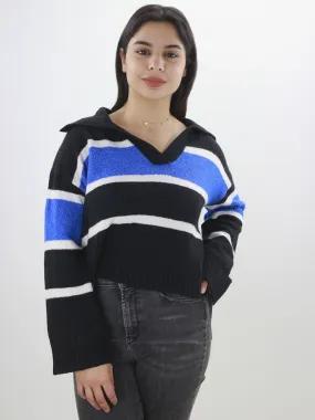 Women's Striped Spread Collar Sweaters,Black