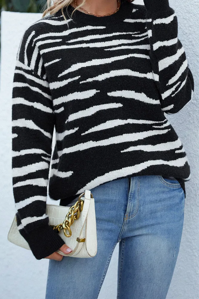 Zebra Striped Knit winter outfits  Pullover Sweaters